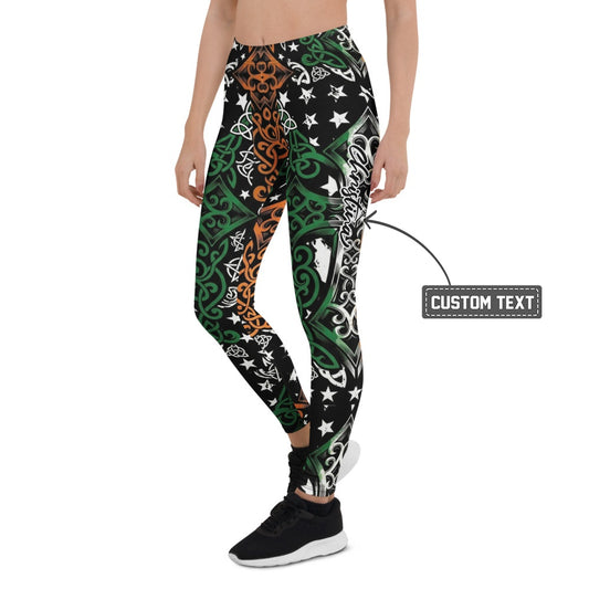 Personalisierte Damen Sportleggings Keltisches Muster Irland Design Grün Weiß Orange Fitness Leggings Sterne K012 - XL