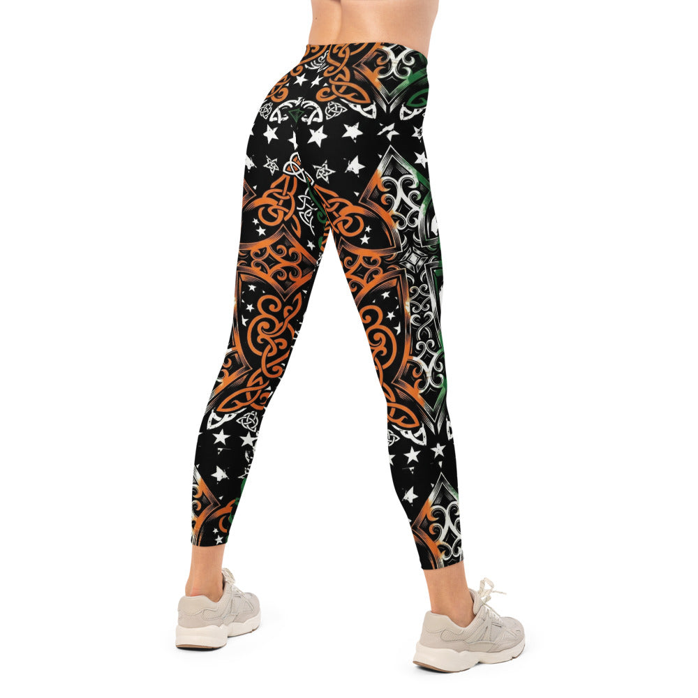 Personalisierte Damen Sportleggings Keltisches Muster Irland Design Grün Weiß Orange Fitness Leggings Sterne K012