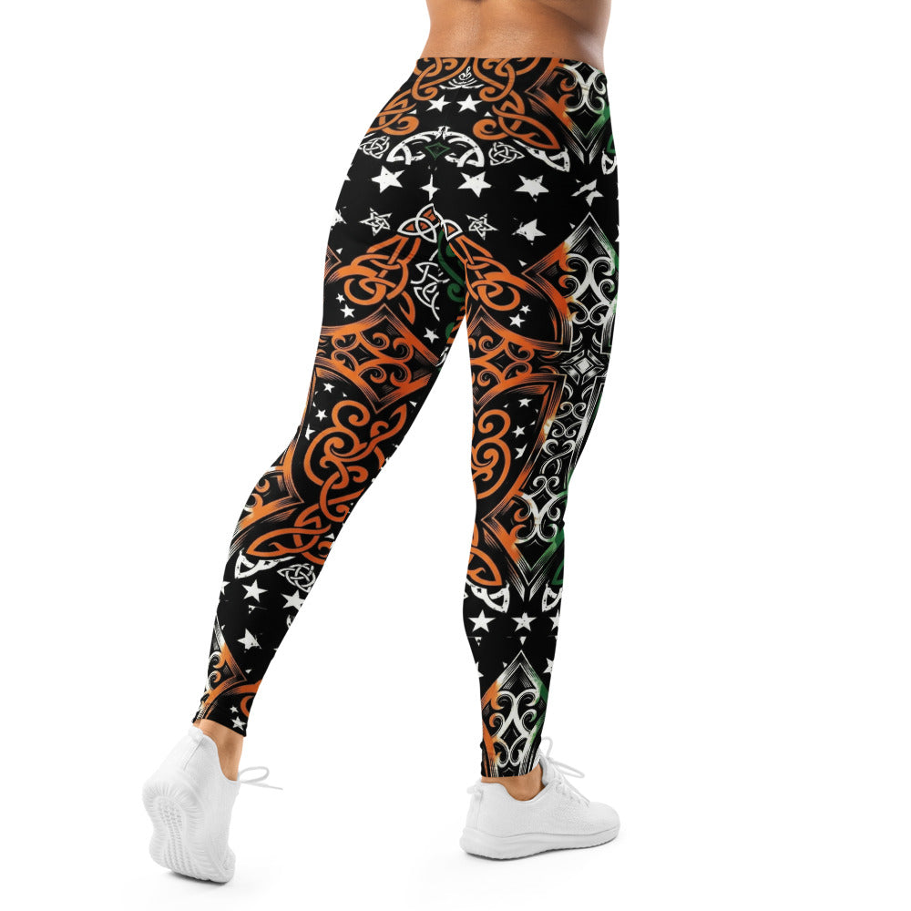 Personalisierte Damen Sportleggings Keltisches Muster Irland Design Grün Weiß Orange Fitness Leggings Sterne K012