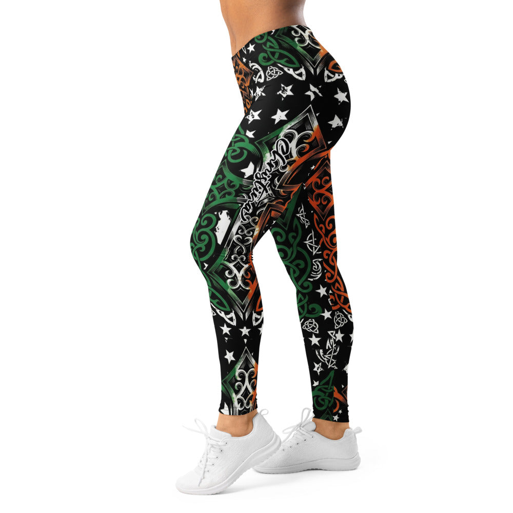 Personalisierte Damen Sportleggings Keltisches Muster Irland Design Grün Weiß Orange Fitness Leggings Sterne K012
