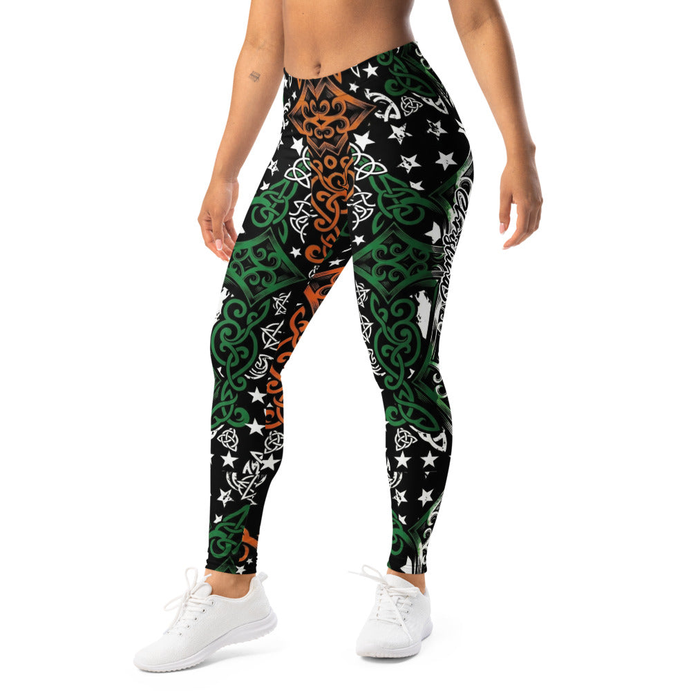 Personalisierte Damen Sportleggings Keltisches Muster Irland Design Grün Weiß Orange Fitness Leggings Sterne K012