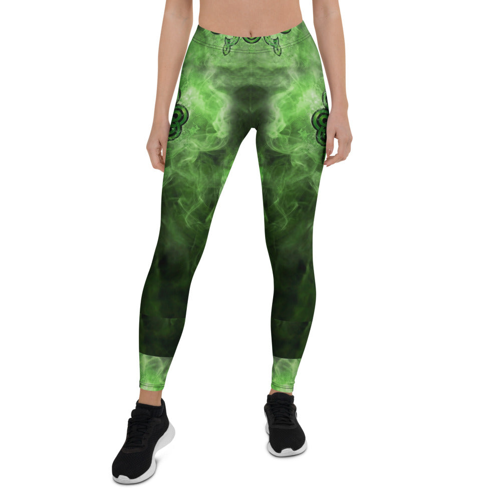 Personalisierte Sportleggings Damen Kleeblatt Design Grün Schwarz Fitness Leggings Celtic Muster Rauch-Optik J568