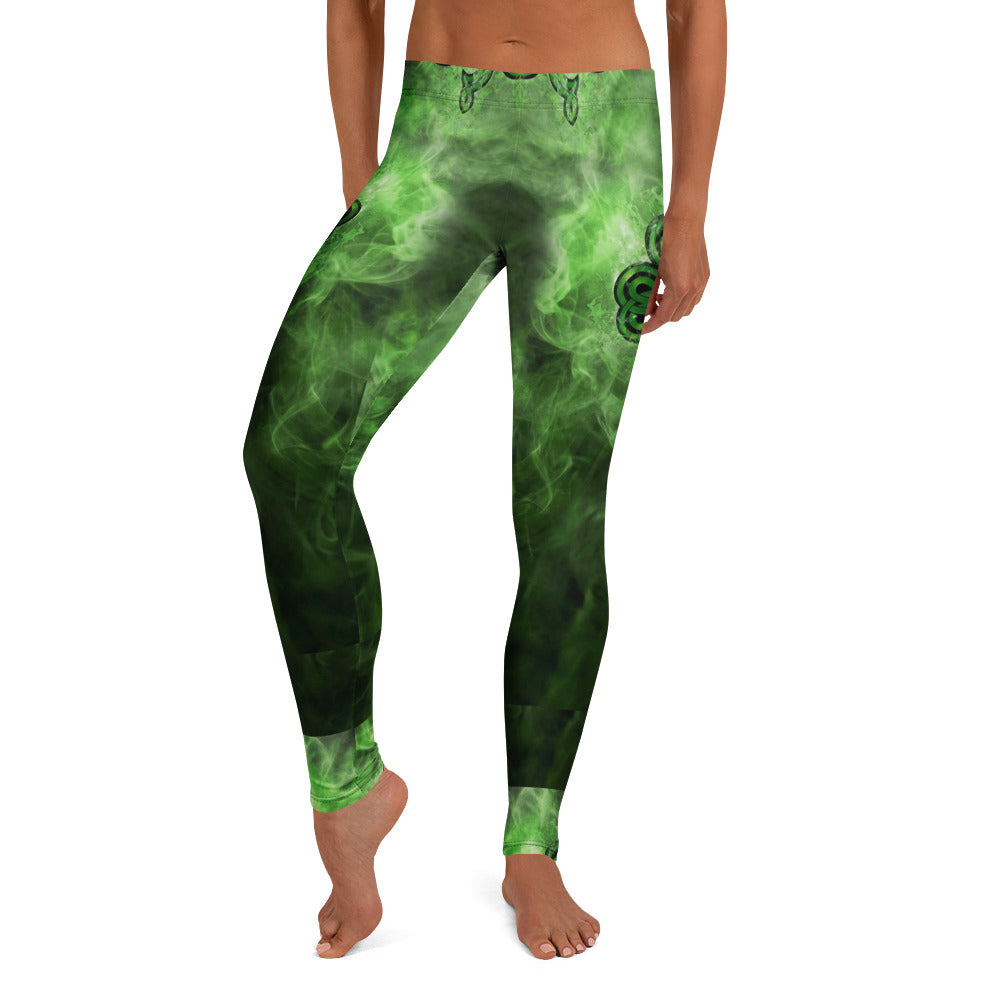 Personalisierte Sportleggings Damen Kleeblatt Design Grün Schwarz Fitness Leggings Celtic Muster Rauch-Optik J568