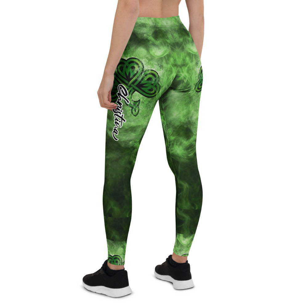 Personalisierte Sportleggings Damen Kleeblatt Design Grün Schwarz Fitness Leggings Celtic Muster Rauch-Optik J568