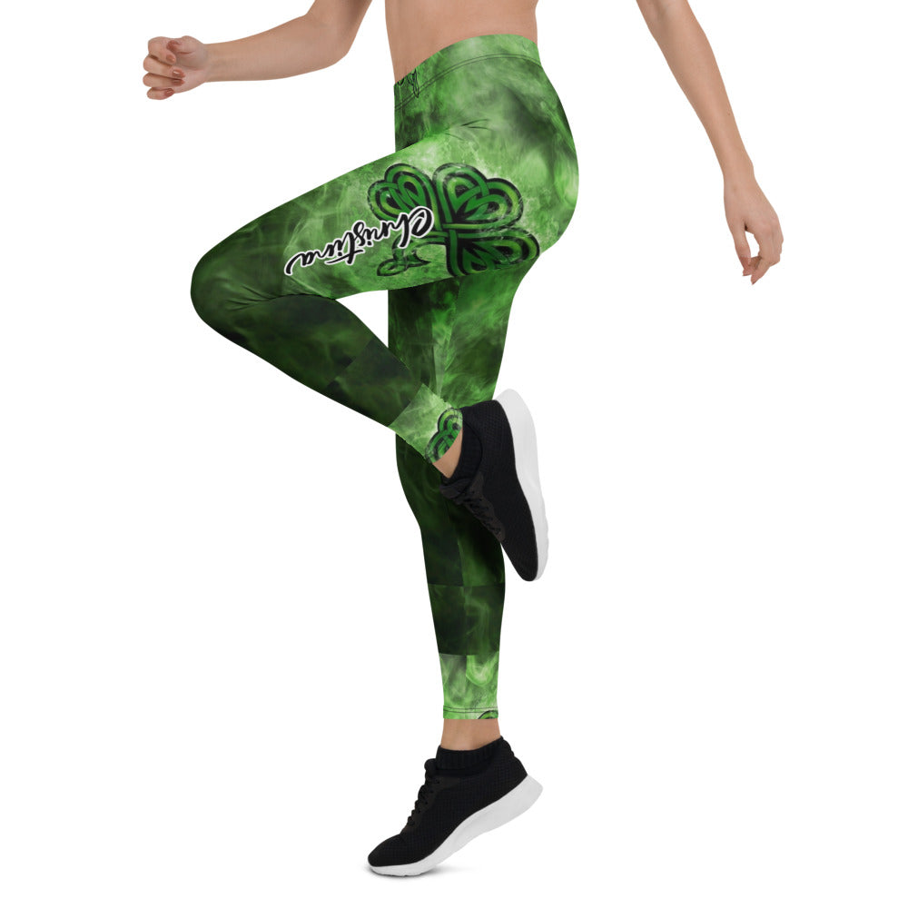 Personalisierte Sportleggings Damen Kleeblatt Design Grün Schwarz Fitness Leggings Celtic Muster Rauch-Optik J568