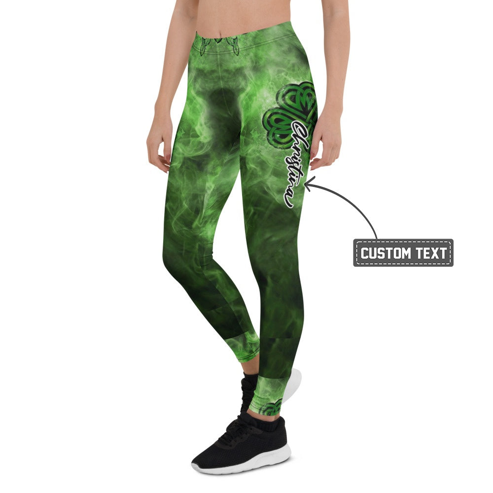 Personalisierte Sportleggings Damen Kleeblatt Design Grün Schwarz Fitness Leggings Celtic Muster Rauch-Optik J568 - XL