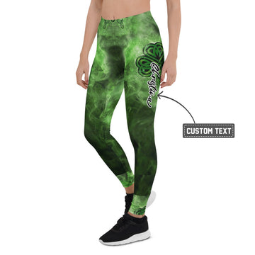 Personalisierte Sportleggings Damen Kleeblatt Design Grün Schwarz Fitness Leggings Celtic Muster Rauch-Optik J568 - XL