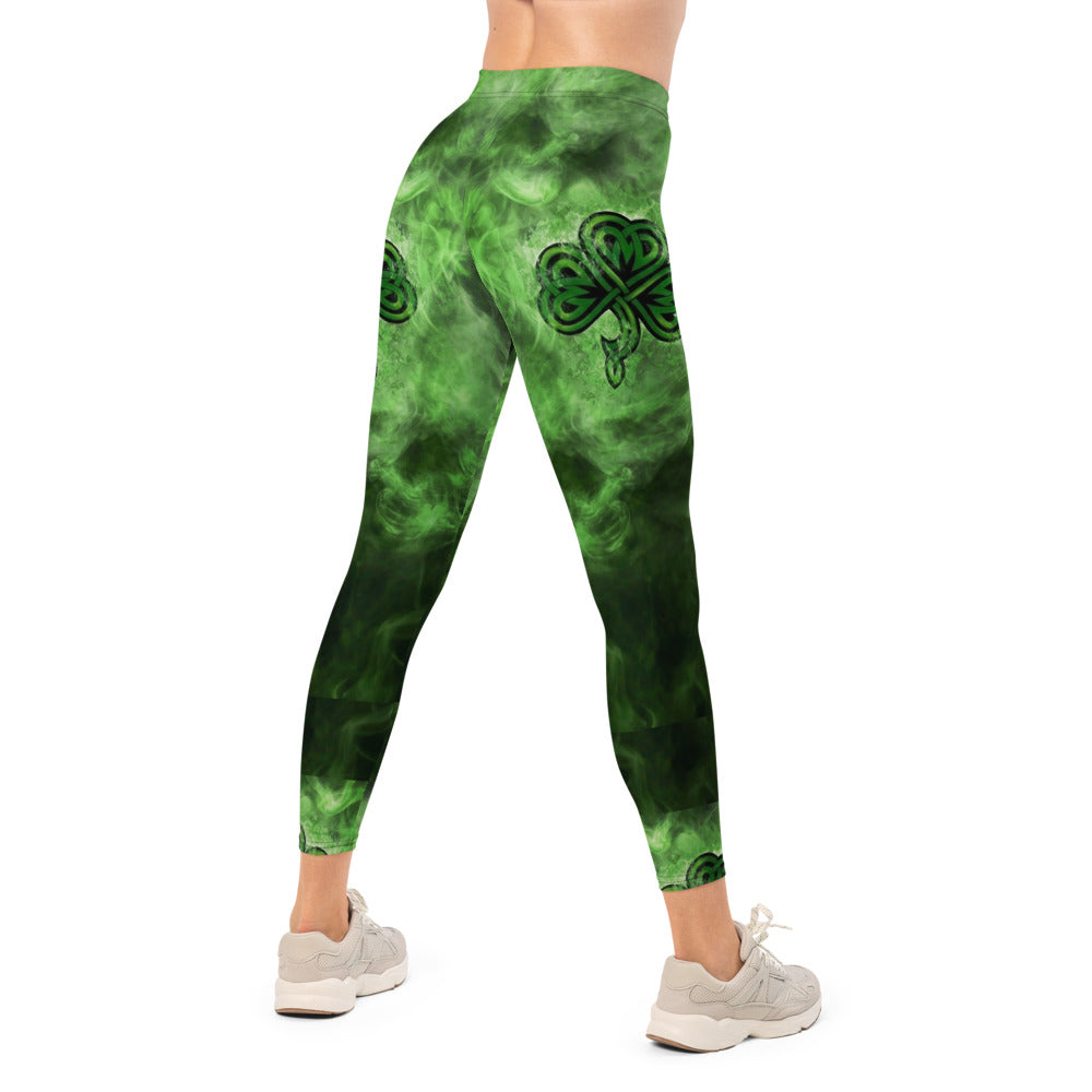 Personalisierte Sportleggings Damen Kleeblatt Design Grün Schwarz Fitness Leggings Celtic Muster Rauch-Optik J568