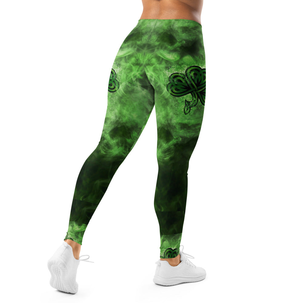 Personalisierte Sportleggings Damen Kleeblatt Design Grün Schwarz Fitness Leggings Celtic Muster Rauch-Optik J568