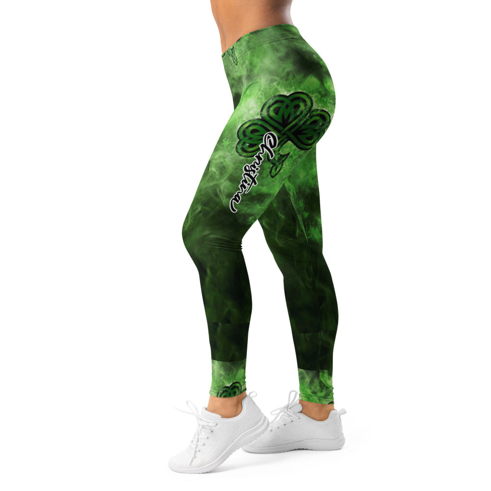 Personalisierte Sportleggings Damen Kleeblatt Design Grün Schwarz Fitness Leggings Celtic Muster Rauch-Optik J568