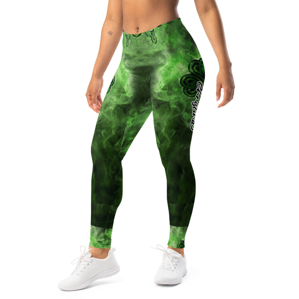 Personalisierte Sportleggings Damen Kleeblatt Design Grün Schwarz Fitness Leggings Celtic Muster Rauch-Optik J568