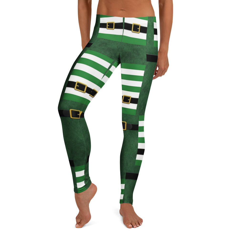 Personalisierte Damen Sportleggings Weihnachten Elf Design Grün Weiß Gestreift Fitnesshose V388