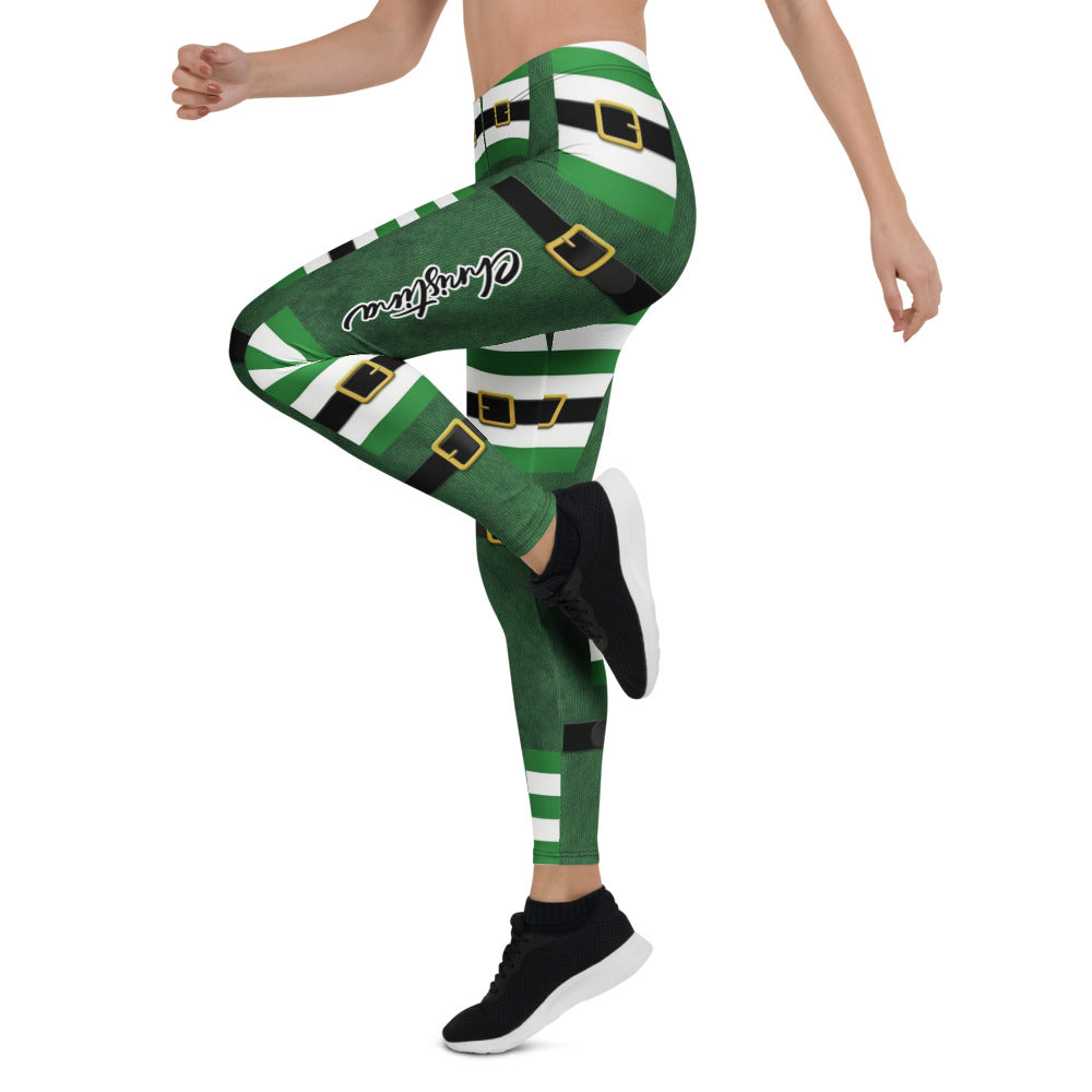 Personalisierte Damen Sportleggings Weihnachten Elf Design Grün Weiß Gestreift Fitnesshose V388