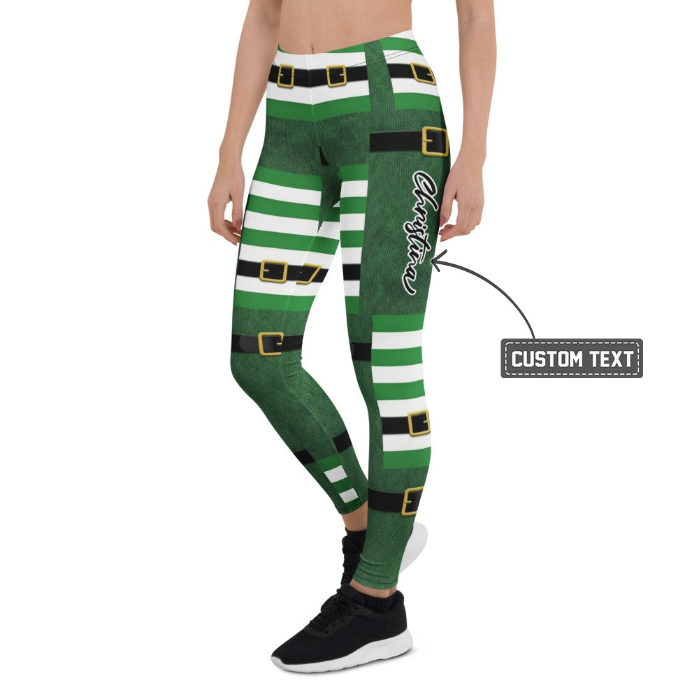 Personalisierte Damen Sportleggings Weihnachten Elf Design Grün Weiß Gestreift Fitnesshose V388 - XL