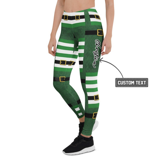 Personalisierte Damen Sportleggings Weihnachten Elf Design Grün Weiß Gestreift Fitnesshose V388 - XL