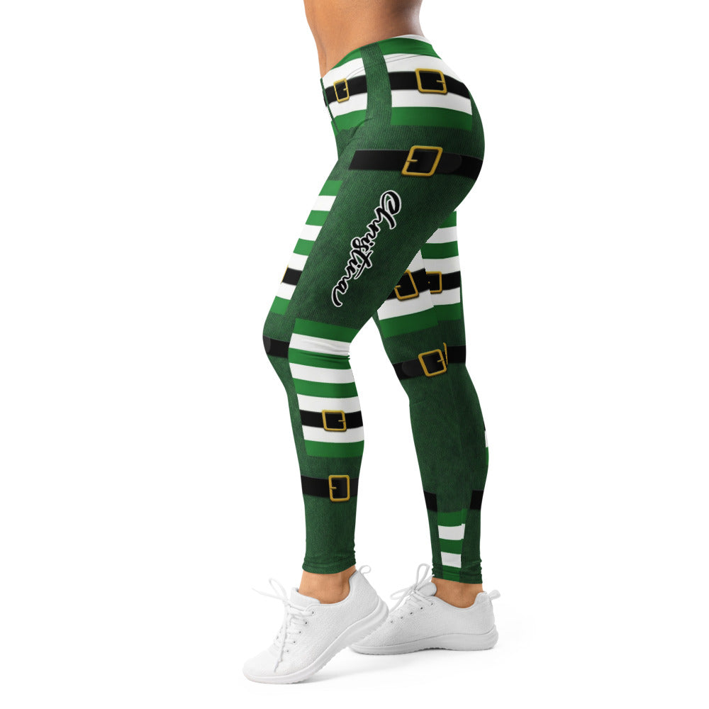 Personalisierte Damen Sportleggings Weihnachten Elf Design Grün Weiß Gestreift Fitnesshose V388