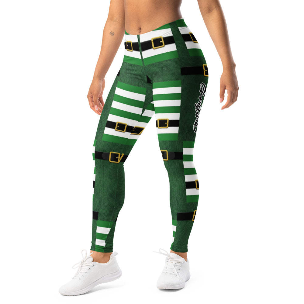 Personalisierte Damen Sportleggings Weihnachten Elf Design Grün Weiß Gestreift Fitnesshose V388