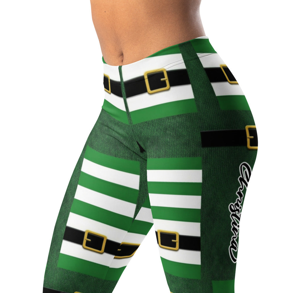 Personalisierte Damen Sportleggings Weihnachten Elf Design Grün Weiß Gestreift Fitnesshose V388