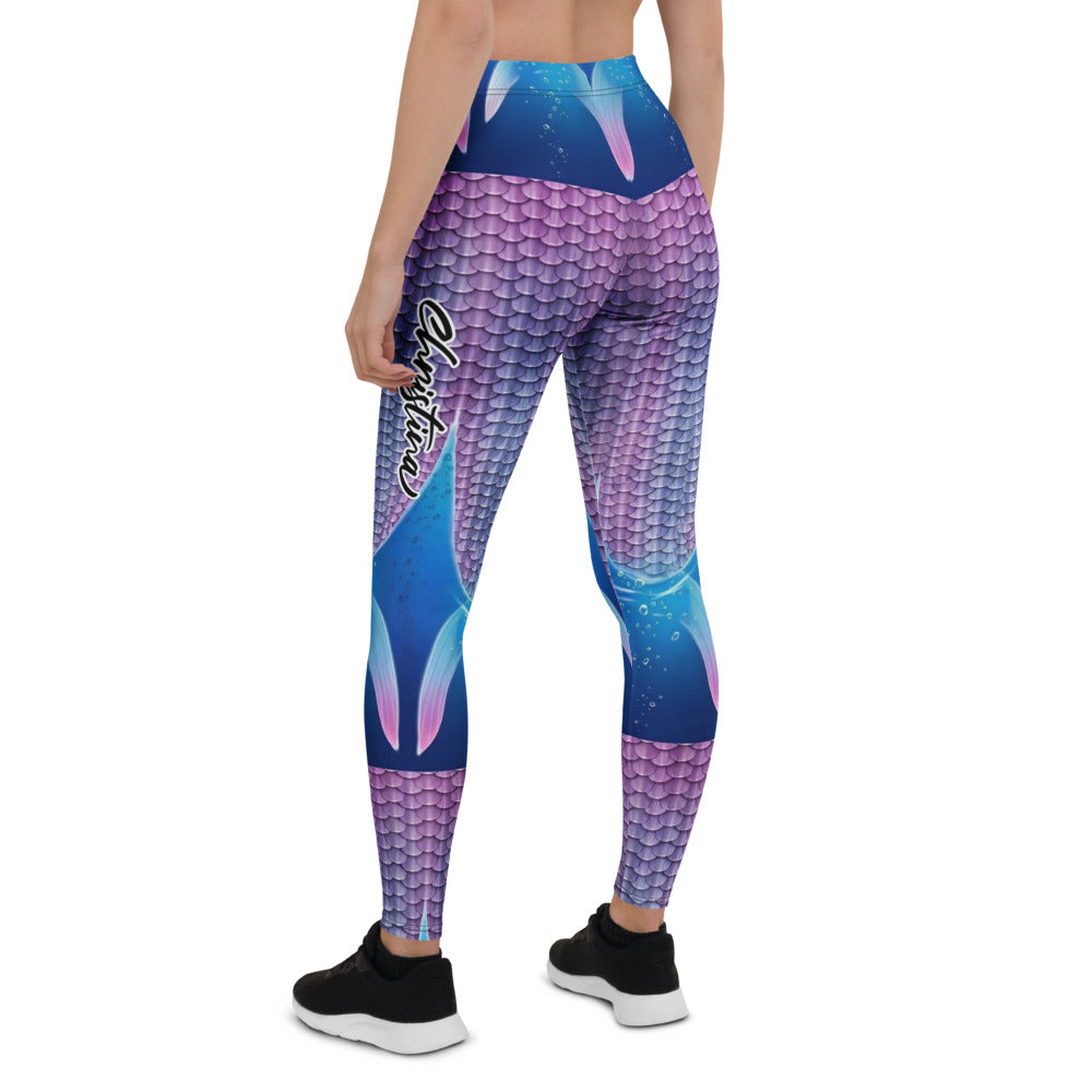 Personalisierte Damen Sportleggings Meerjungfrau Design Lila Blau Fitness Leggings Schuppenmuster G711