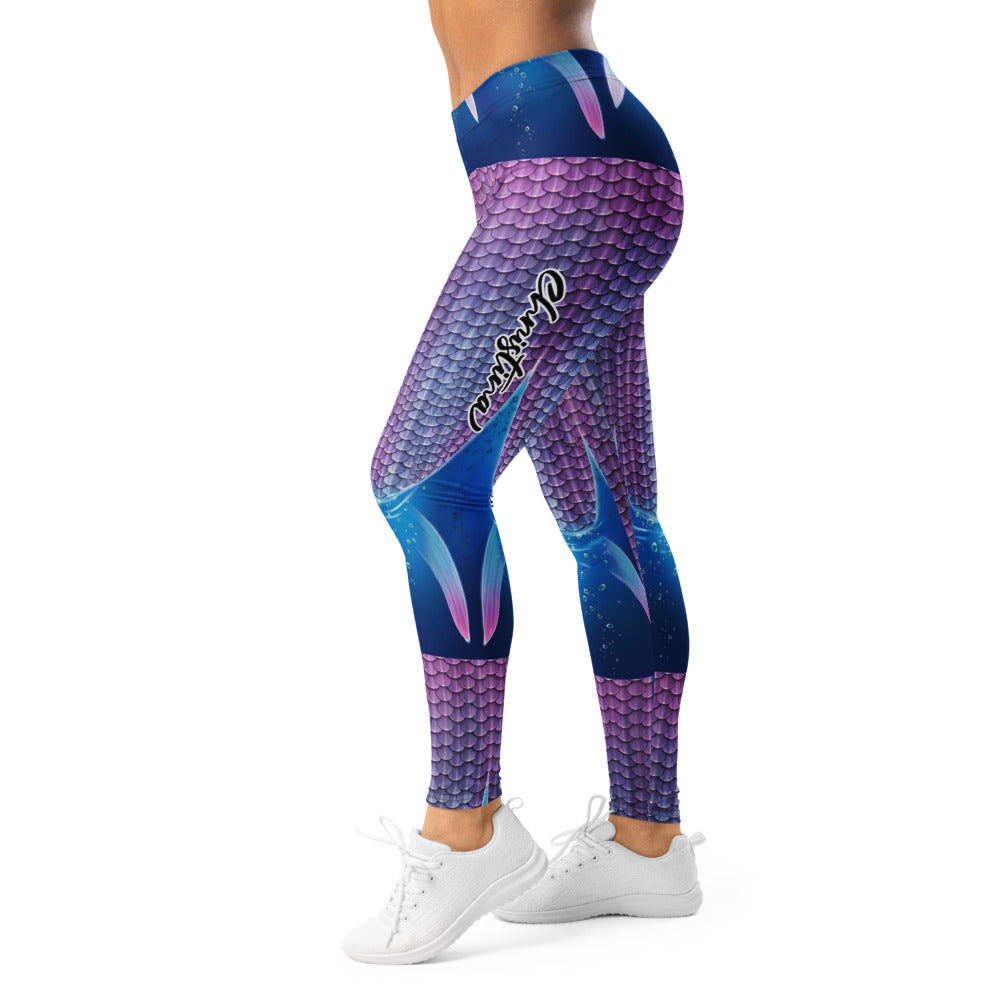 Personalisierte Damen Sportleggings Meerjungfrau Design Lila Blau Fitness Leggings Schuppenmuster G711
