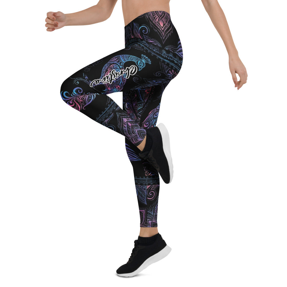 Personalisierte Damen Sportleggings Mandala Ornament Design Schwarz Blau Lila Fitness Yoga Leggings N212