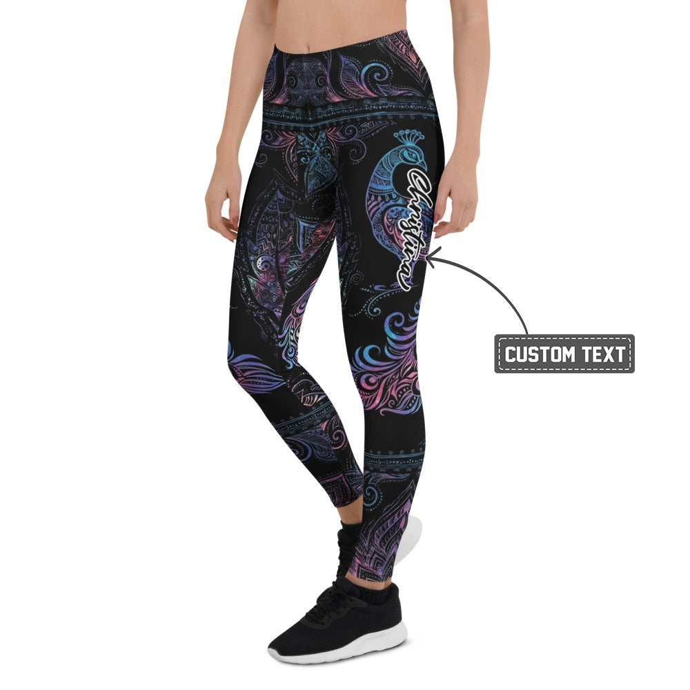 Personalisierte Damen Sportleggings Mandala Ornament Design Schwarz Blau Lila Fitness Yoga Leggings N212 - XL