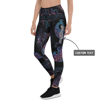 Personalisierte Damen Sportleggings Mandala Ornament Design Schwarz Blau Lila Fitness Yoga Leggings N212 - XL