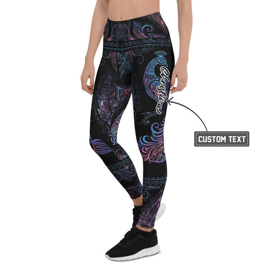 Personalisierte Damen Sportleggings Mandala Ornament Design Schwarz Blau Lila Fitness Yoga Leggings N212 - XL