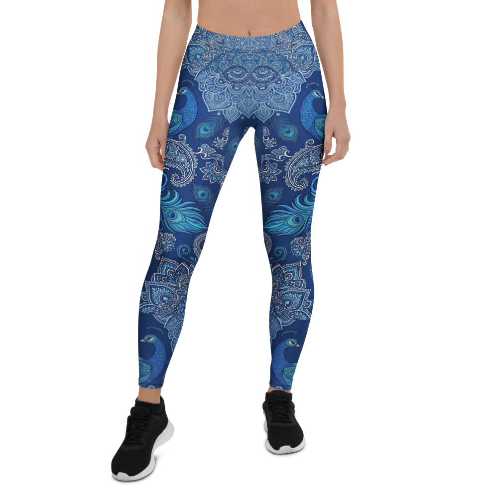 Personalisierte Damen Yoga Leggings Mandala Pfau Design Blau Türkis Sportleggings Fitnesshose W302
