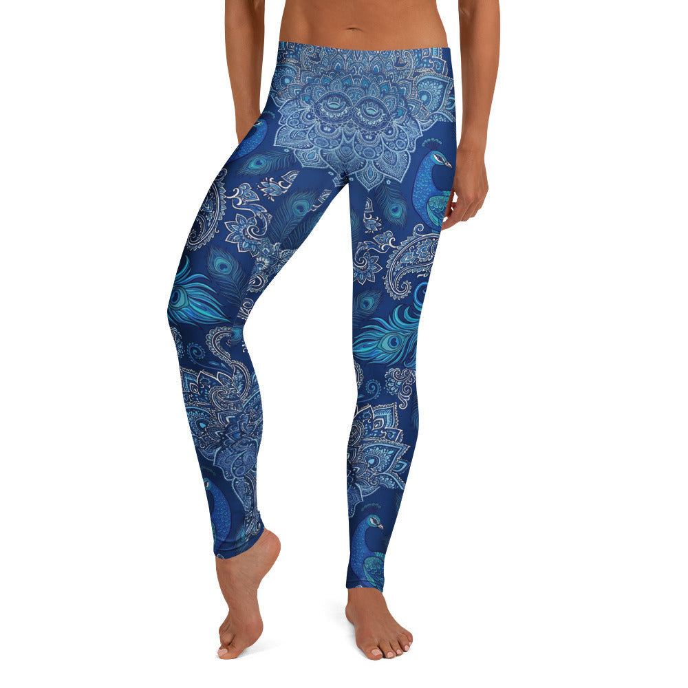 Personalisierte Damen Yoga Leggings Mandala Pfau Design Blau Türkis Sportleggings Fitnesshose W302