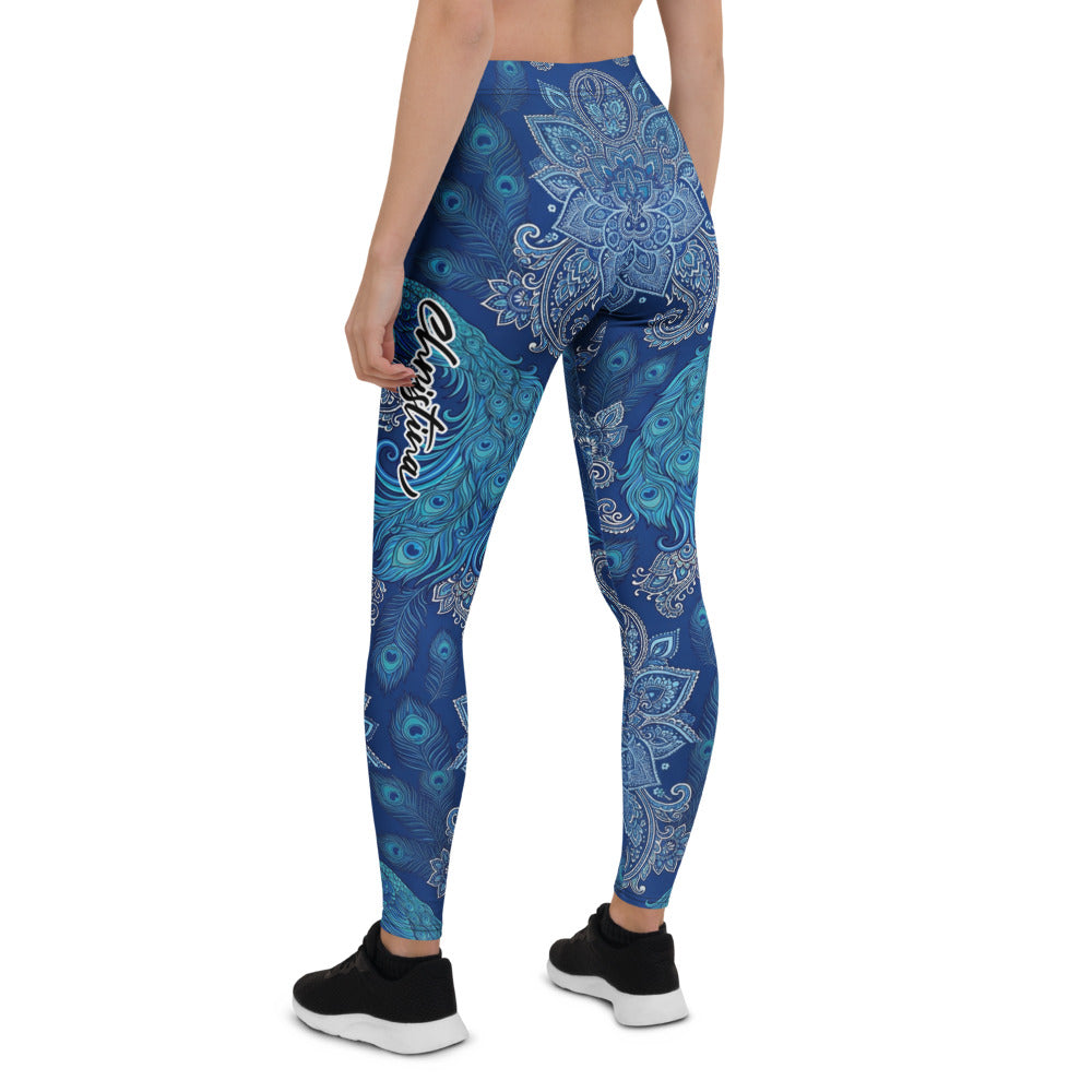 Personalisierte Damen Yoga Leggings Mandala Pfau Design Blau Türkis Sportleggings Fitnesshose W302