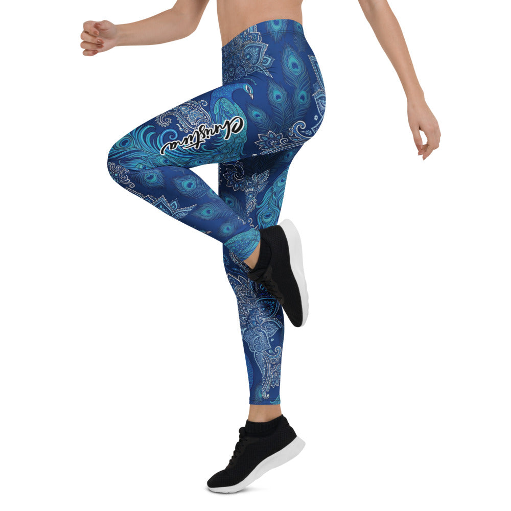 Personalisierte Damen Yoga Leggings Mandala Pfau Design Blau Türkis Sportleggings Fitnesshose W302