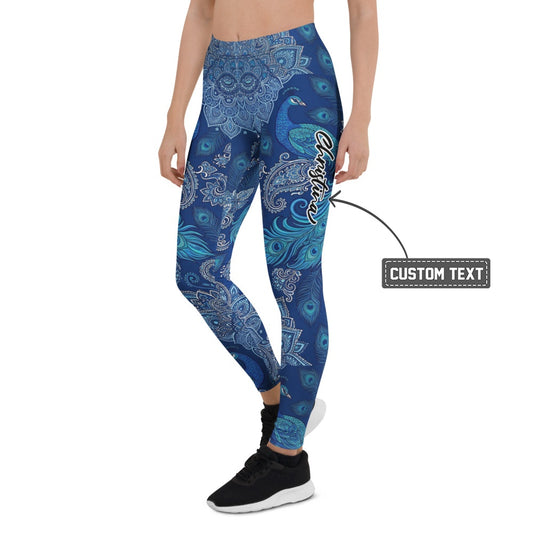 Personalisierte Damen Yoga Leggings Mandala Pfau Design Blau Türkis Sportleggings Fitnesshose W302 - XL