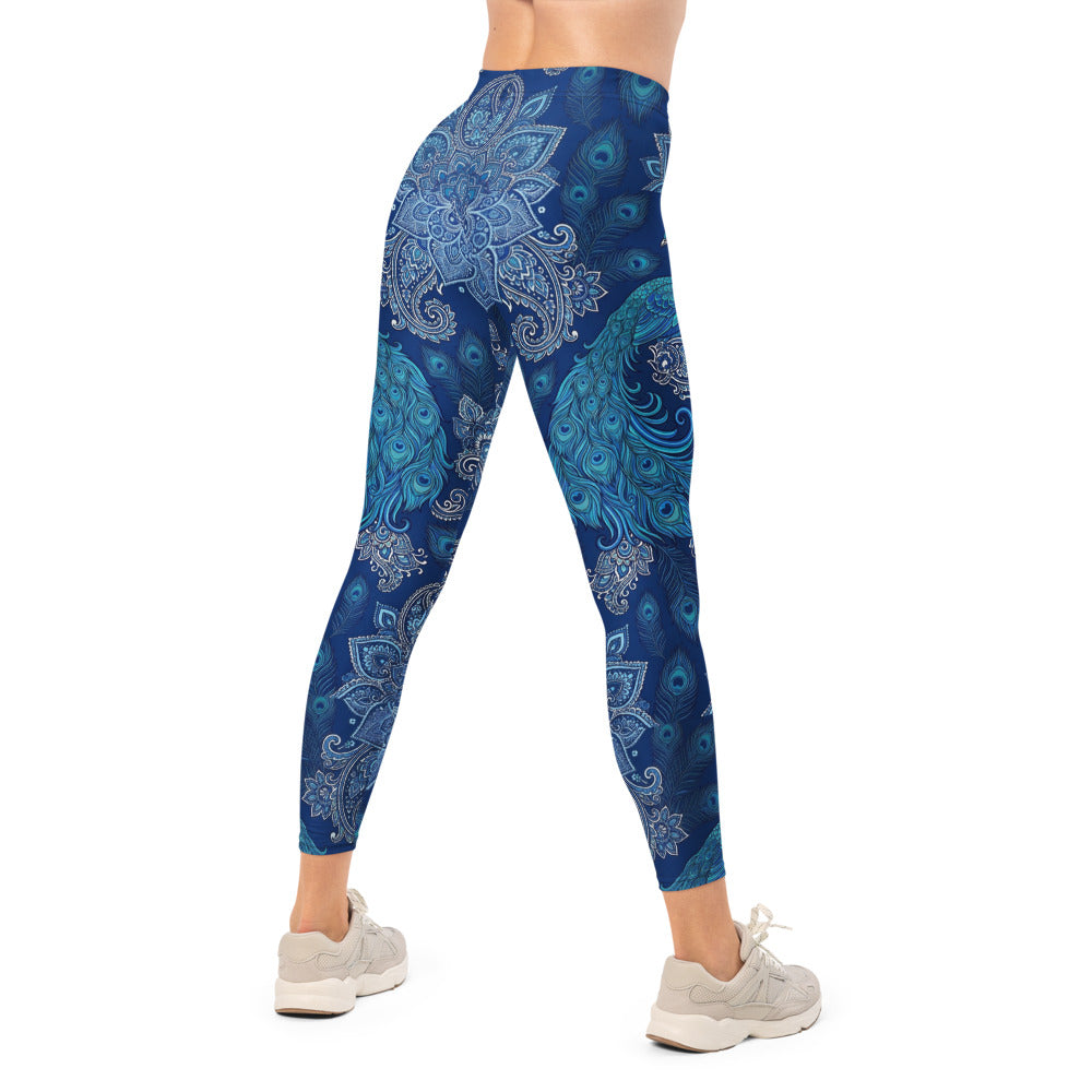 Personalisierte Damen Yoga Leggings Mandala Pfau Design Blau Türkis Sportleggings Fitnesshose W302