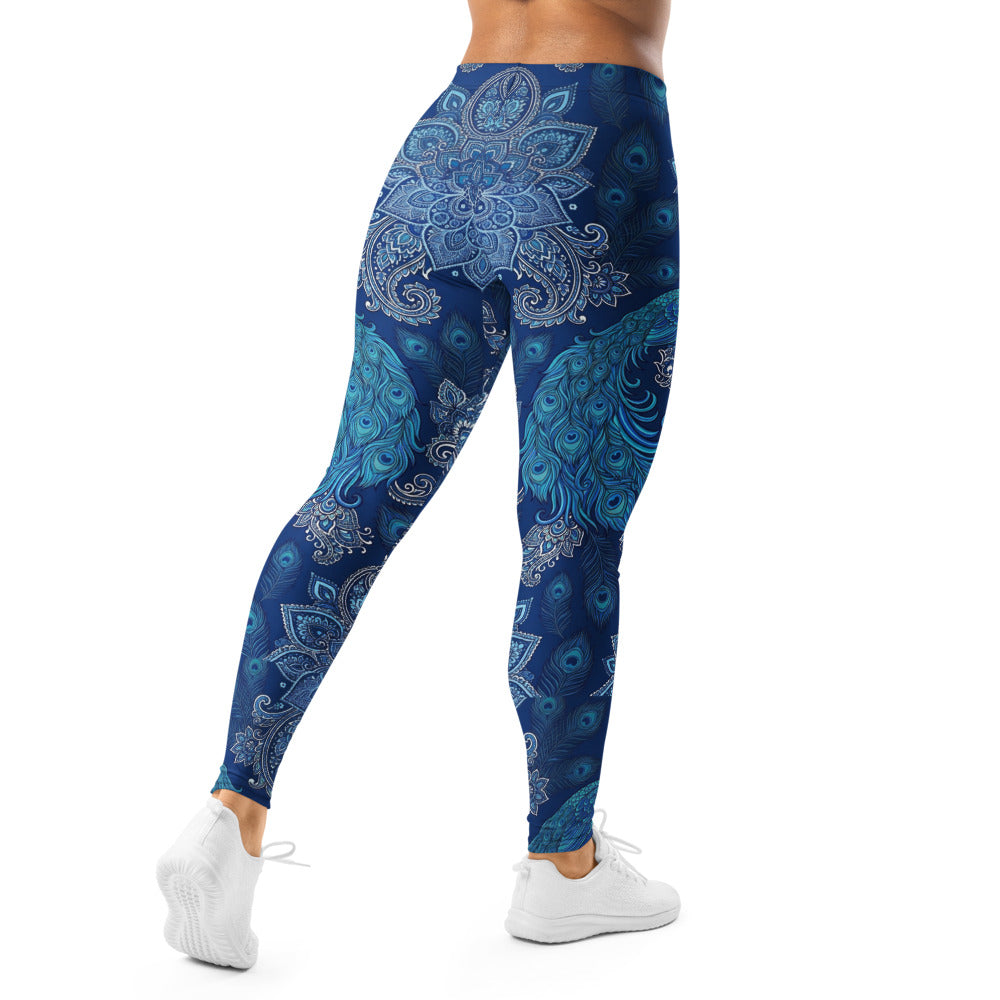 Personalisierte Damen Yoga Leggings Mandala Pfau Design Blau Türkis Sportleggings Fitnesshose W302