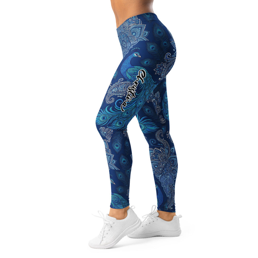 Personalisierte Damen Yoga Leggings Mandala Pfau Design Blau Türkis Sportleggings Fitnesshose W302