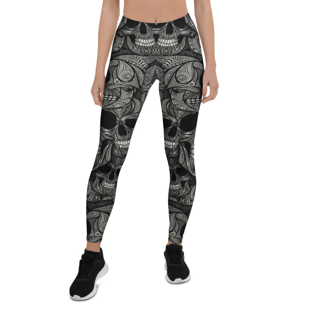 Personalisierte Damen Sportleggings Totenkopf Design Schwarz Weiß Fitness Yoga Leggings Ornament Muster Y529