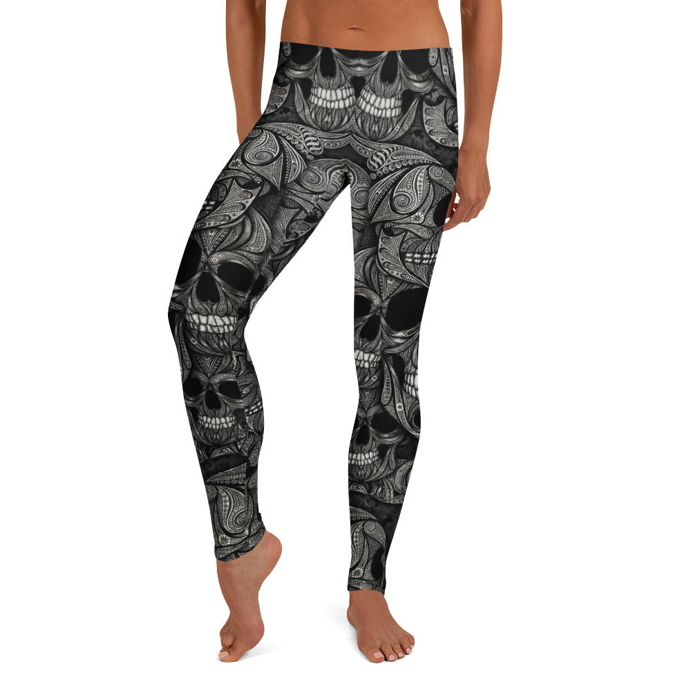Personalisierte Damen Sportleggings Totenkopf Design Schwarz Weiß Fitness Yoga Leggings Ornament Muster Y529