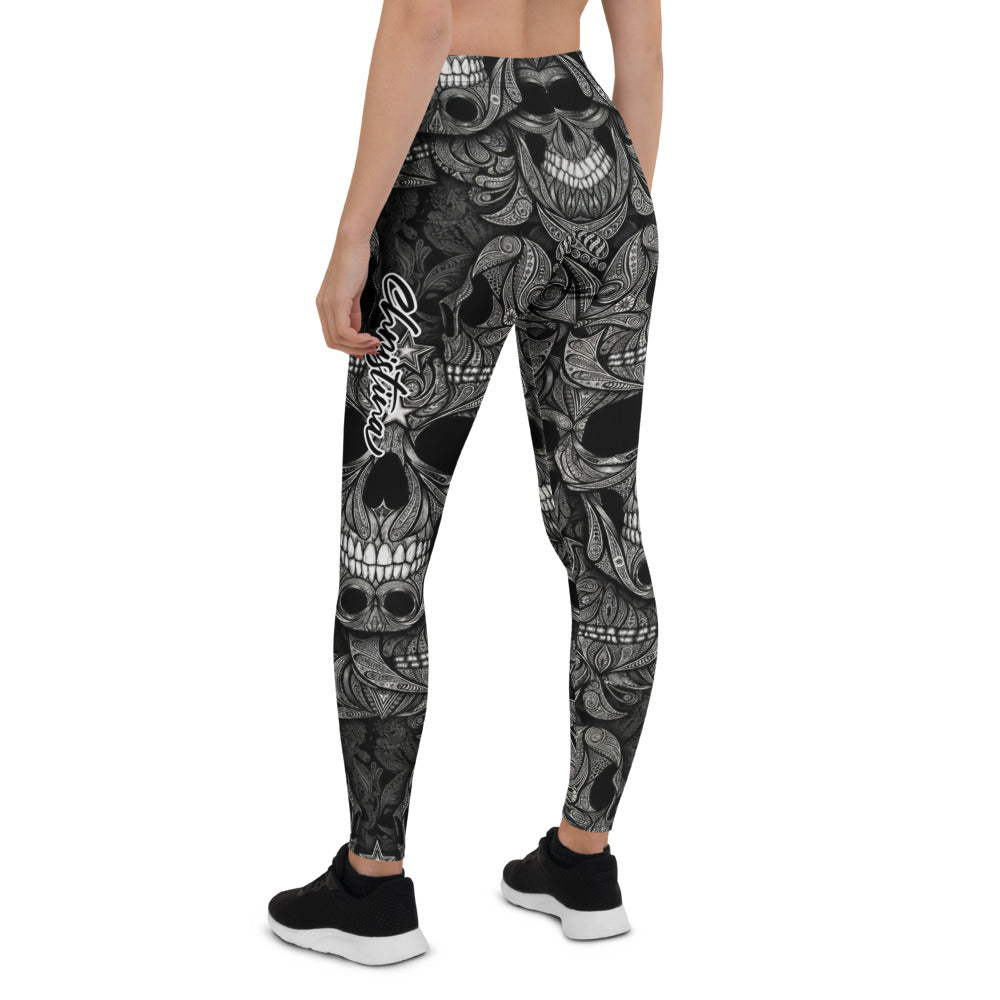 Personalisierte Damen Sportleggings Totenkopf Design Schwarz Weiß Fitness Yoga Leggings Ornament Muster Y529