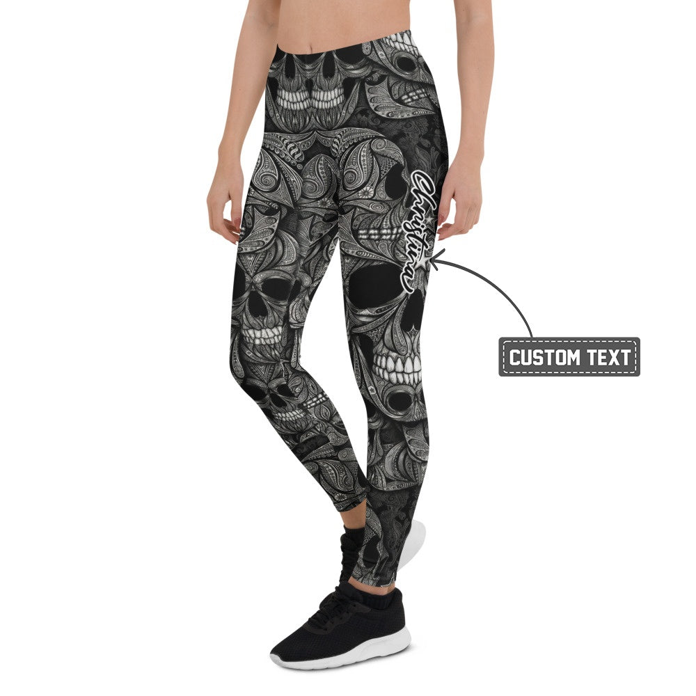 Personalisierte Damen Sportleggings Totenkopf Design Schwarz Weiß Fitness Yoga Leggings Ornament Muster Y529 - XL