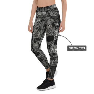 Personalisierte Damen Sportleggings Totenkopf Design Schwarz Weiß Fitness Yoga Leggings Ornament Muster Y529 - XL
