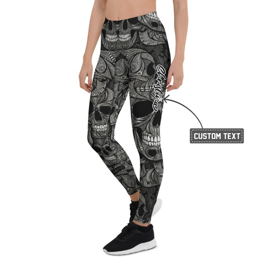 Personalisierte Damen Sportleggings Totenkopf Design Schwarz Weiß Fitness Yoga Leggings Ornament Muster Y529 - XL
