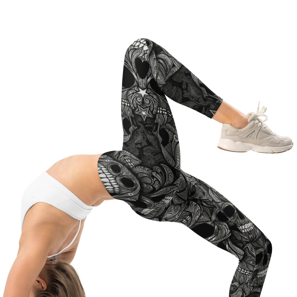 Personalisierte Damen Sportleggings Totenkopf Design Schwarz Weiß Fitness Yoga Leggings Ornament Muster Y529