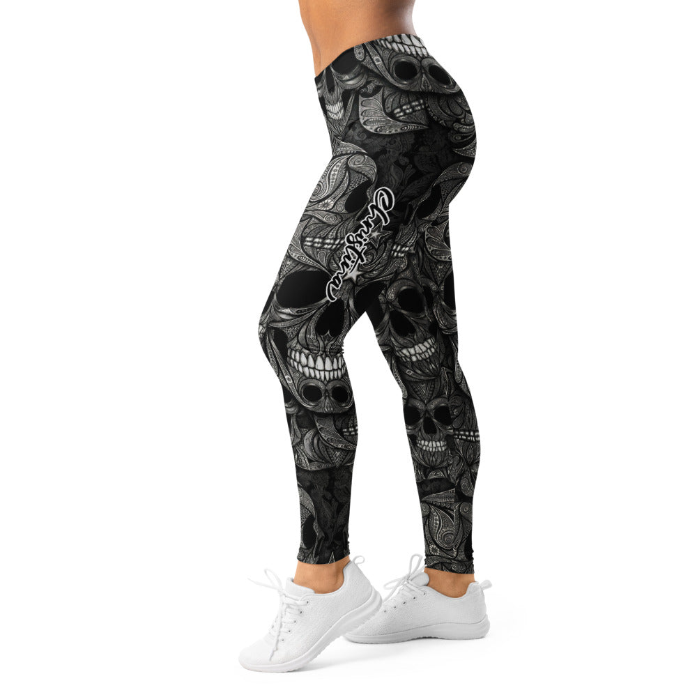 Personalisierte Damen Sportleggings Totenkopf Design Schwarz Weiß Fitness Yoga Leggings Ornament Muster Y529