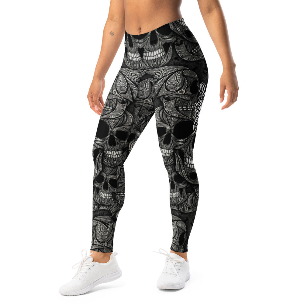 Personalisierte Damen Sportleggings Totenkopf Design Schwarz Weiß Fitness Yoga Leggings Ornament Muster Y529