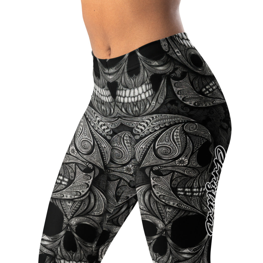 Personalisierte Damen Sportleggings Totenkopf Design Schwarz Weiß Fitness Yoga Leggings Ornament Muster Y529