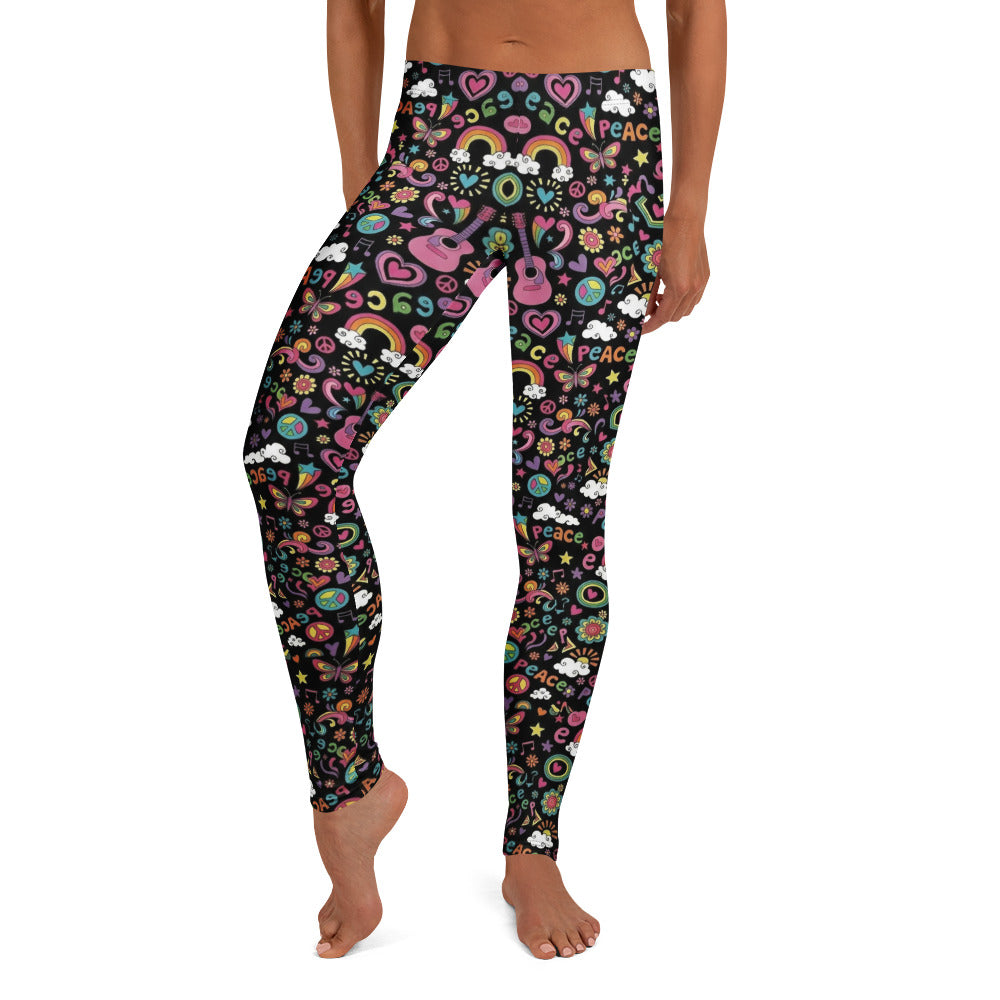 Personalisierte Damen Sportleggings Hippie Design Peace Muster Bunt Schwarz Fitness Yoga Leggings O170