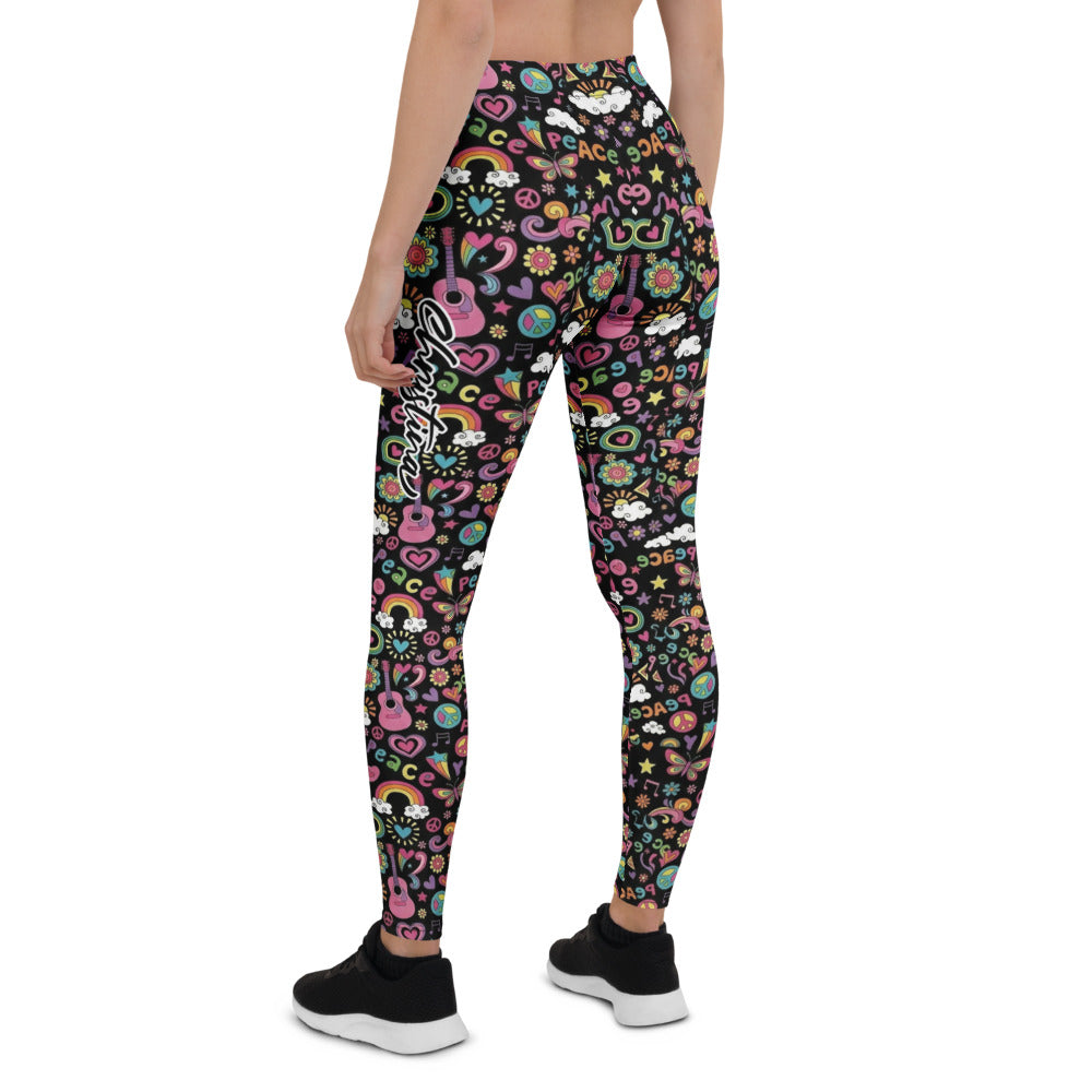 Personalisierte Damen Sportleggings Hippie Design Peace Muster Bunt Schwarz Fitness Yoga Leggings O170
