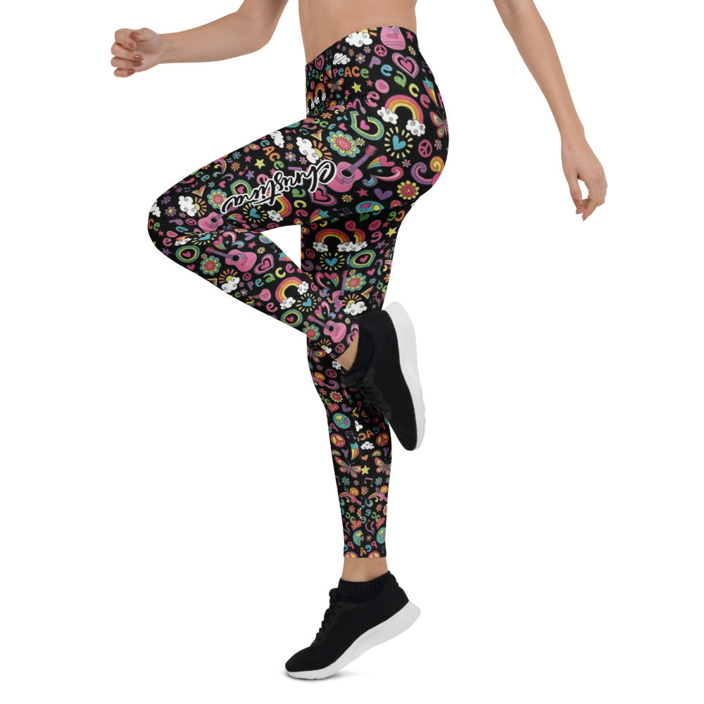 Personalisierte Damen Sportleggings Hippie Design Peace Muster Bunt Schwarz Fitness Yoga Leggings O170