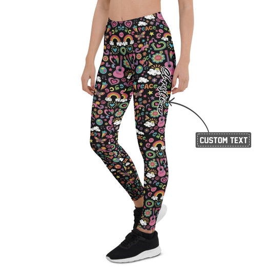Personalisierte Damen Sportleggings Hippie Design Peace Muster Bunt Schwarz Fitness Yoga Leggings O170 - XL